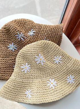 Summer Crochet Straw Hat For Women Sweet Flower Embroidered