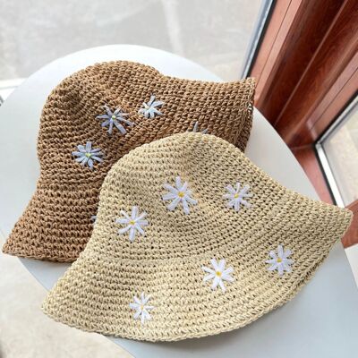 Summer Crochet Straw Hat For Women Sweet Flower Embroidered