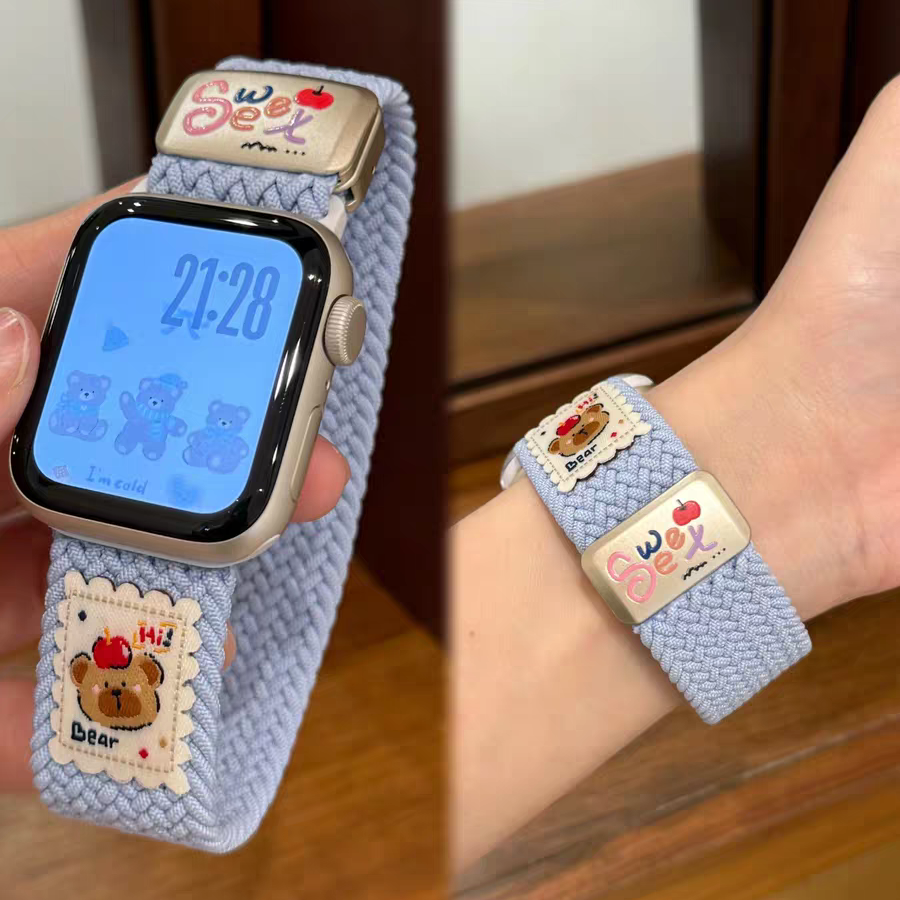 卡通小熊苹果手表表带iwatchs11尼龙磁吸applewatch9女款Ultra2夏