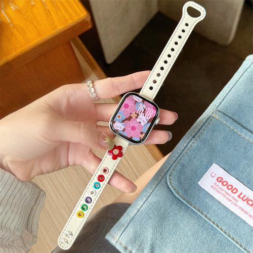 多巴胺小清新小花表带适用于ApplewatchS10海波纹S98S7S6牛仔款SE
