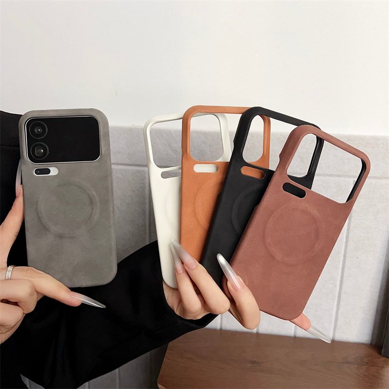 冷淡风钛灰色皮纹半包硬壳磁吸适用K90红米K80小米15至尊版14ultra手机壳17高档K70羊巴皮肤感15T简约大孔PRO