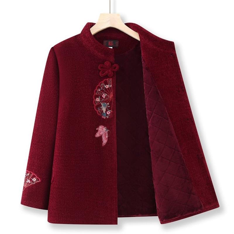 奶奶刺绣立领唐装外套女装毛呢子夹克秋冬加绒加厚妈妈装上衣服