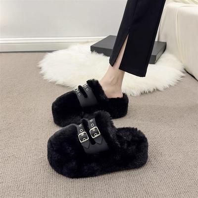 女士外穿毛毛拖鞋厚底增高包头松糕鞋冬天穿的保暖外出高级感半