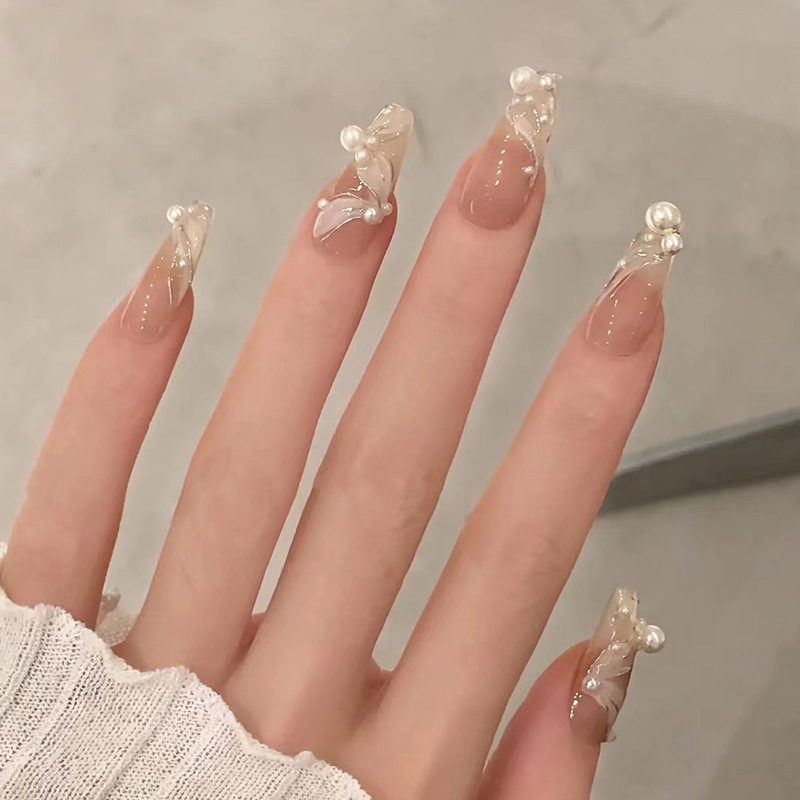 清新温柔风穿戴甲美甲贴片长款少女珍珠可拆卸假指甲片成品批发