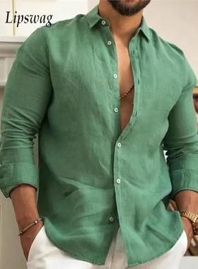 Solid Color Cotton Linen Plain Shirt Men Classic Button-up L