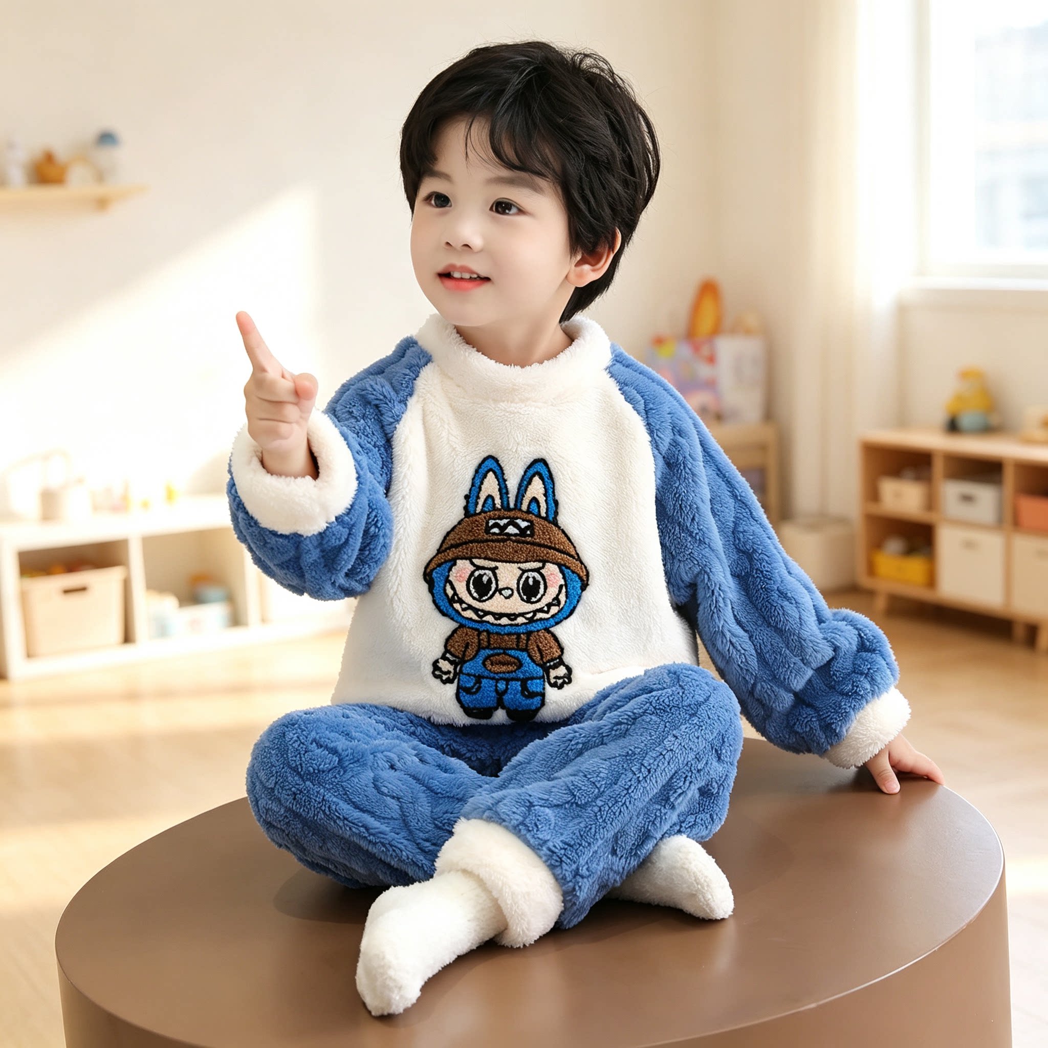 全棉纯棉男童珊瑚绒睡衣冬男孩拉布布家居服保暖套装儿童宝宝加厚