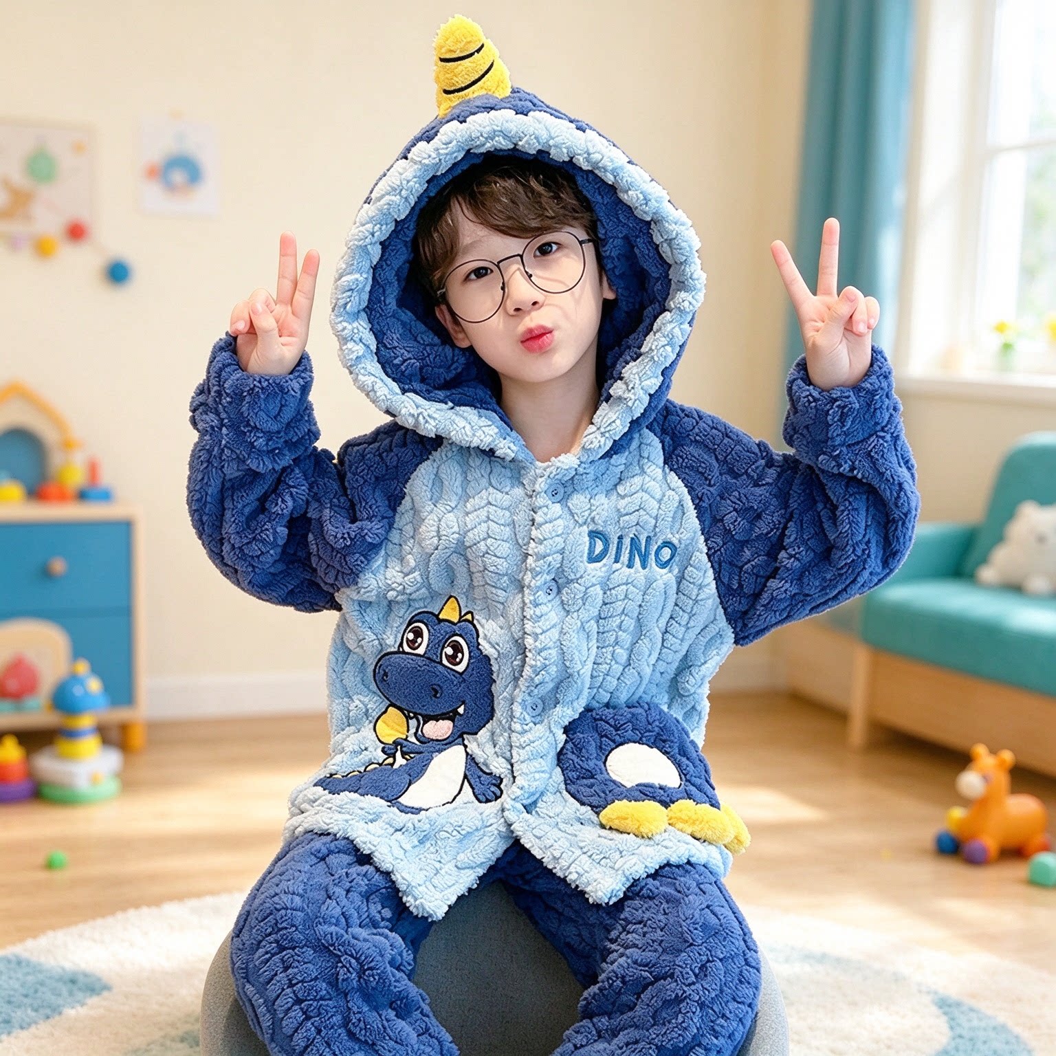 全棉纯棉儿童睡衣男孩2026新款秋冬珊瑚绒卡通恐龙加绒保暖法兰绒