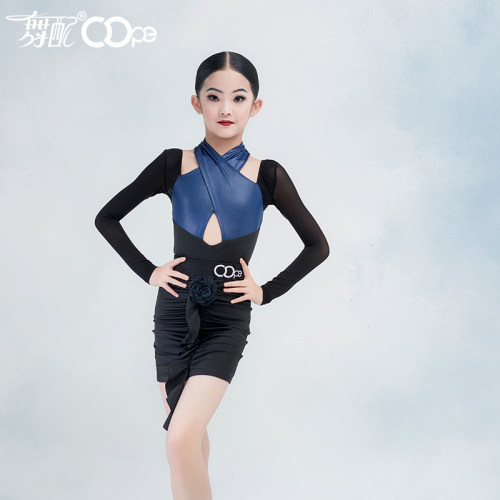 舞配拉丁舞服练习服新款蓝黑拼接