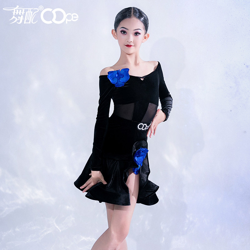oope舞配舞服秋冬韩绒拼接少儿拉丁舞练习服长袖练功服套装女TJ