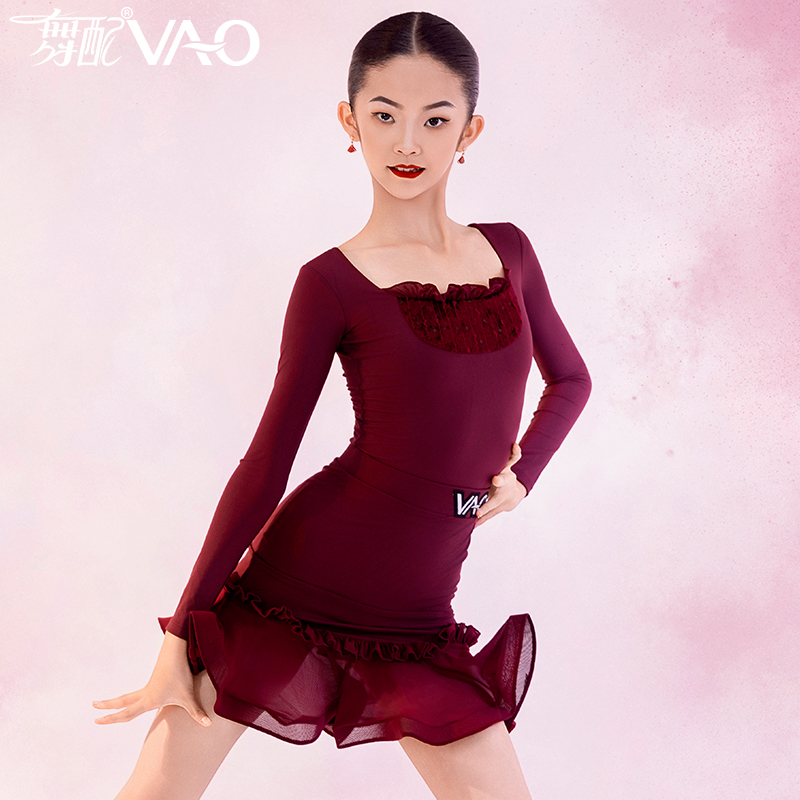 拉丁舞服女童VAO舞配舞服表演服2025新款方领鱼骨裙拉丁舞练功服