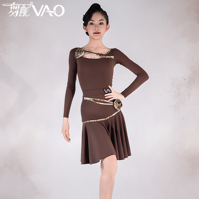 拉丁舞服女童VAO舞配舞服拉丁舞练功服女练习服长袖新款咖套装TJ