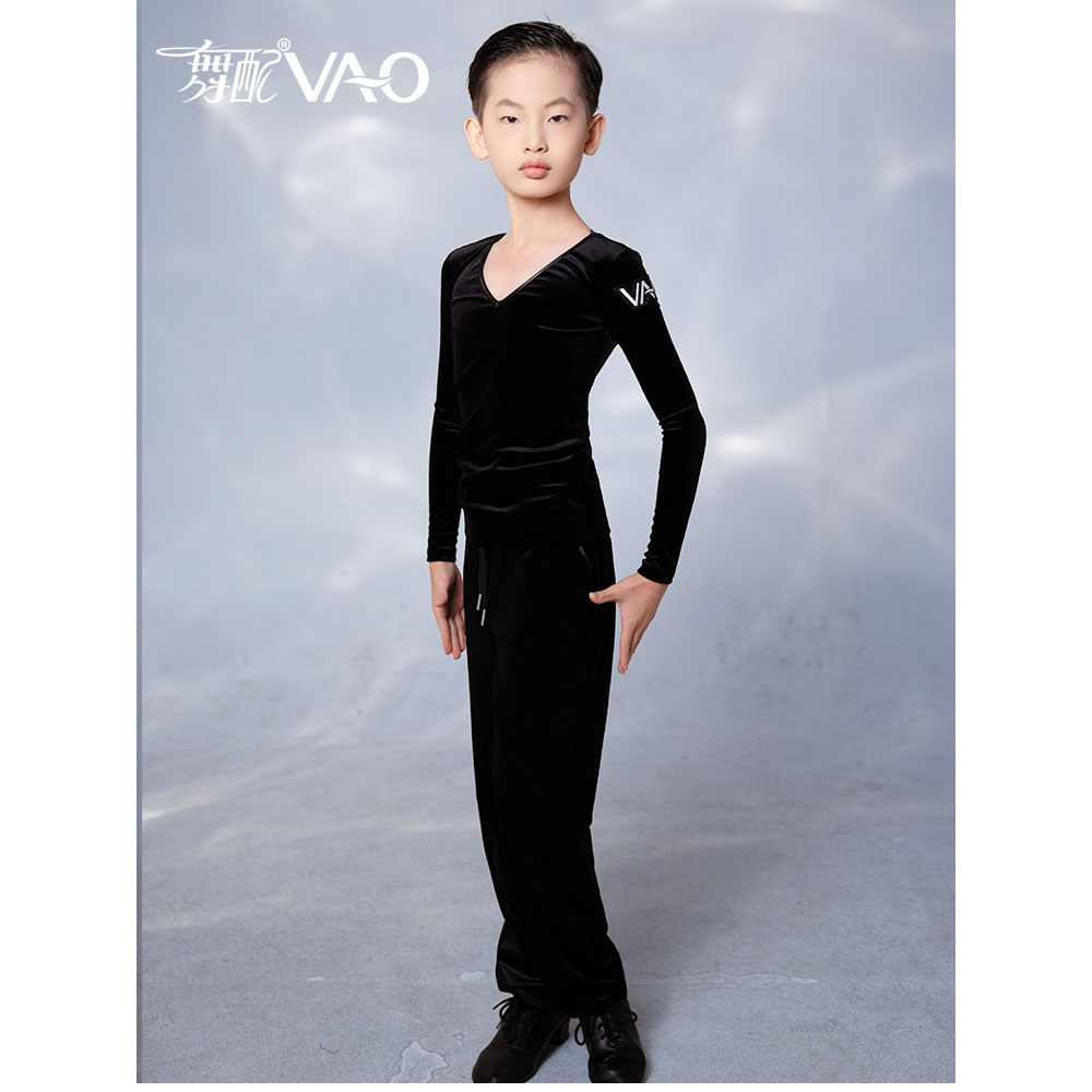 拉丁舞服男童黑色V领表演服
