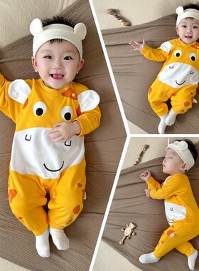 全棉纯棉婴儿秋季连体衣A类纯棉6个月宝宝哈衣卡通可爱衣服黄色满