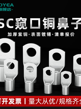 SC国标A级窥口鼻子紫铜镀锡冷压端子6/10/16/25/35/70/95平方线耳