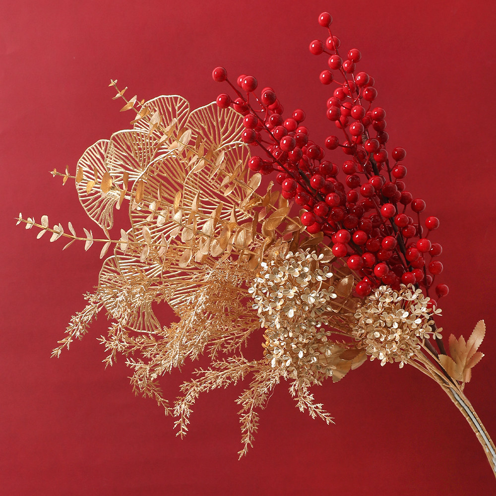 金色尤加利年宵花绣球花金色系仿真花银杏叶婚庆福桶叶子插花花艺