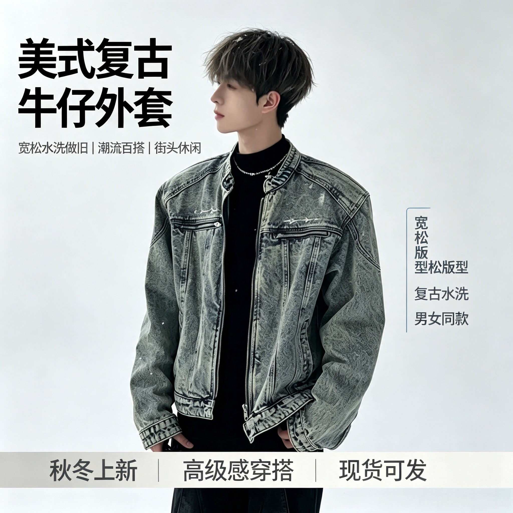 美式复古水洗做旧牛仔外套男款高级感痞帅青春情侣潮牌垫肩机车服