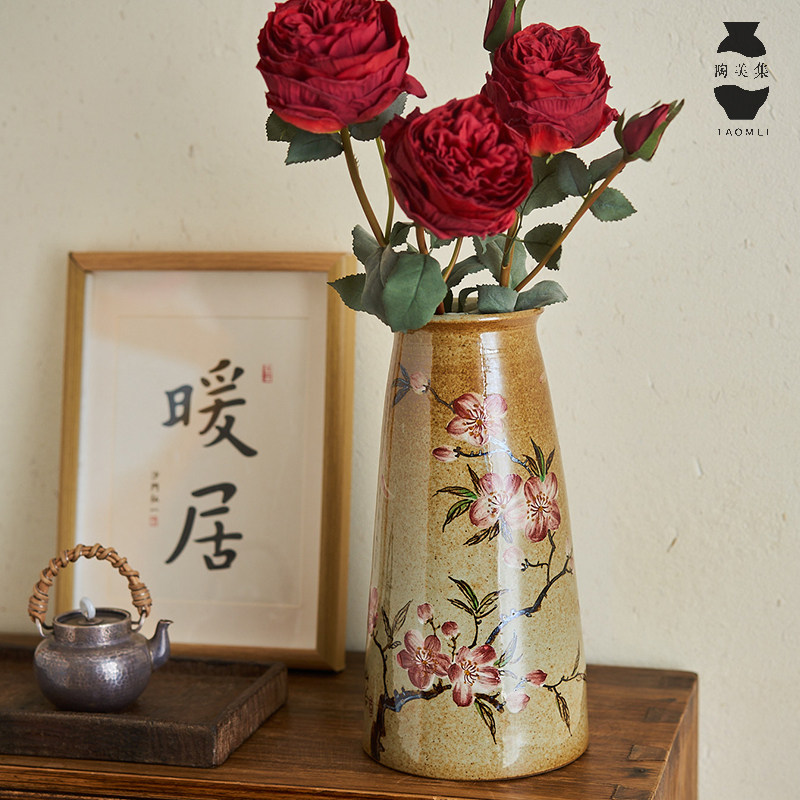 中古风陶瓷花瓶复古手绘桃花客厅餐桌装饰品水养鲜花插花花器摆件