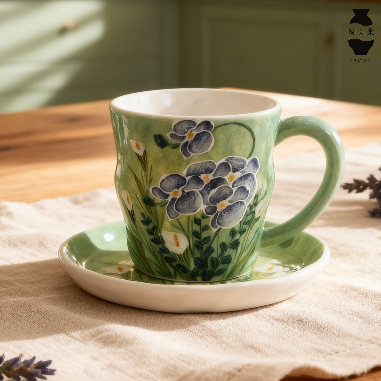 景德镇高颜值陶瓷咖啡杯带碟设计感小众手绘家用水杯早餐杯马克杯