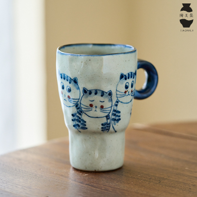 釉下彩青花可爱猫咪马克杯