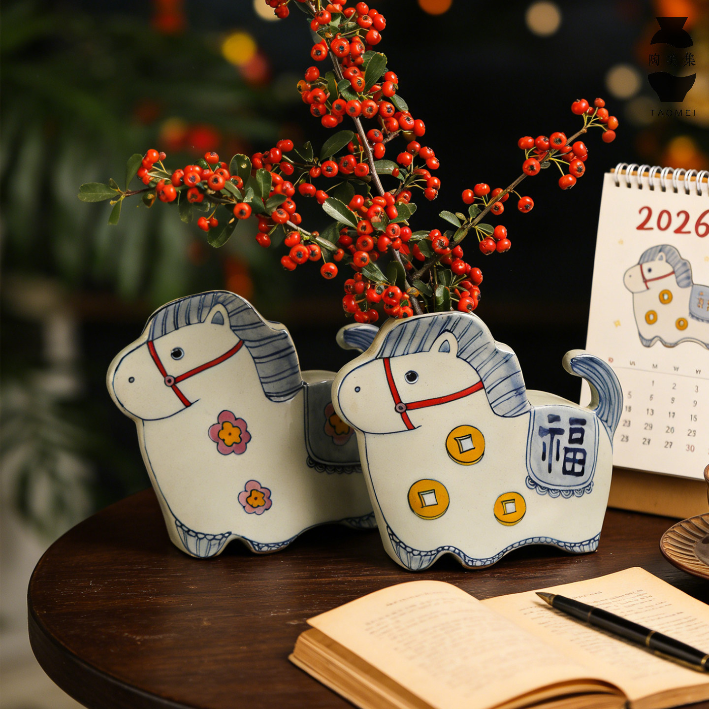 马上有钱创意陶瓷花瓶桌面小摆件手绘生肖马新年乔迁新居礼物装饰,家居饰品,装饰摆件,淘宝优惠券,粉丝福利购,淘宝优惠卷