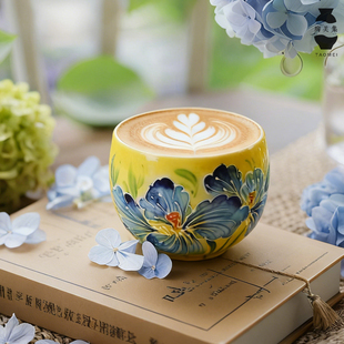 景德镇陶瓷咖啡杯中式手绘花卉手握蛋形杯子高颜质精致早餐水杯