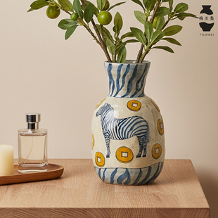 马上有钱景德镇手绘陶瓷花瓶中古风水培鲜花客厅插花复古装 饰摆件