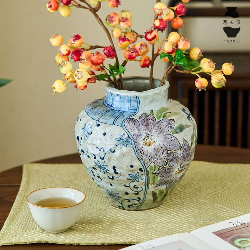 手绘缠枝向日葵插花陶罐日式复古