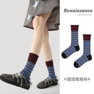Renaissance微压力条纹堆堆袜子女款 学院风中筒复古新潮撞色袜子