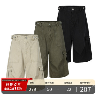 水洗做旧廓形宽松七分裤 短裤 经典 工装 PMET 纯色休闲裤 多口袋工装