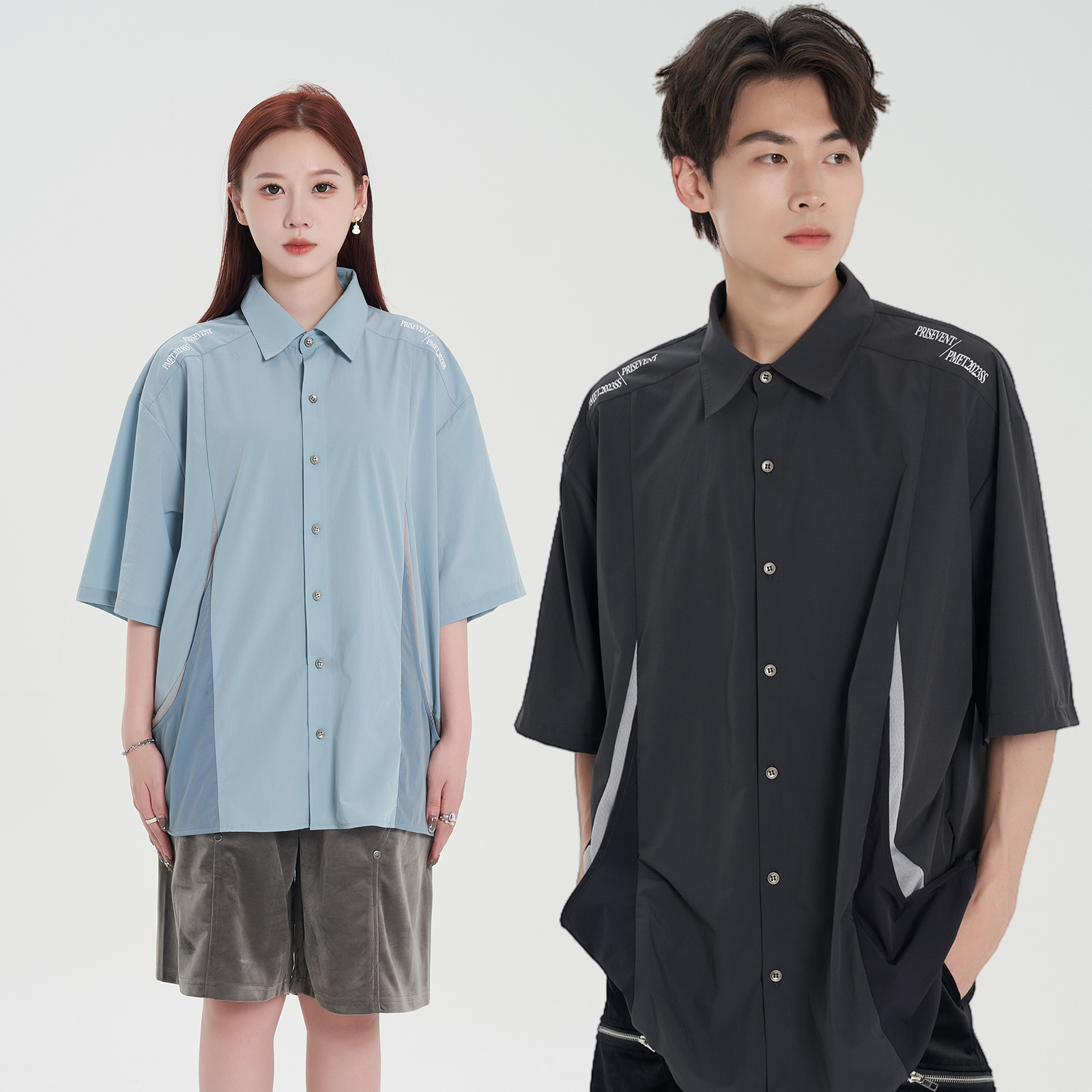 PMET翻领网眼口袋拼接短袖衬衫