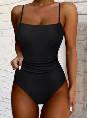 2024 New Black One Piece Swimsuit Sexy Solid Push Up Swimwea