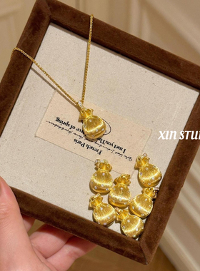 XIN STUDIO古法闪钻拉丝福袋项链沙金毛衣链新款微镶锆石锁骨链女