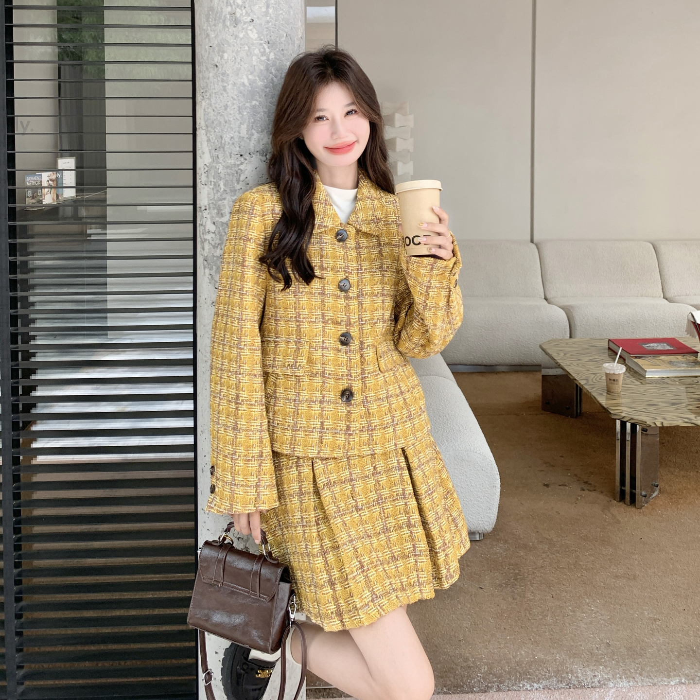 多金财气时尚套装25秋冬新款加厚毛呢小香风粗花呢短款外套/半裙