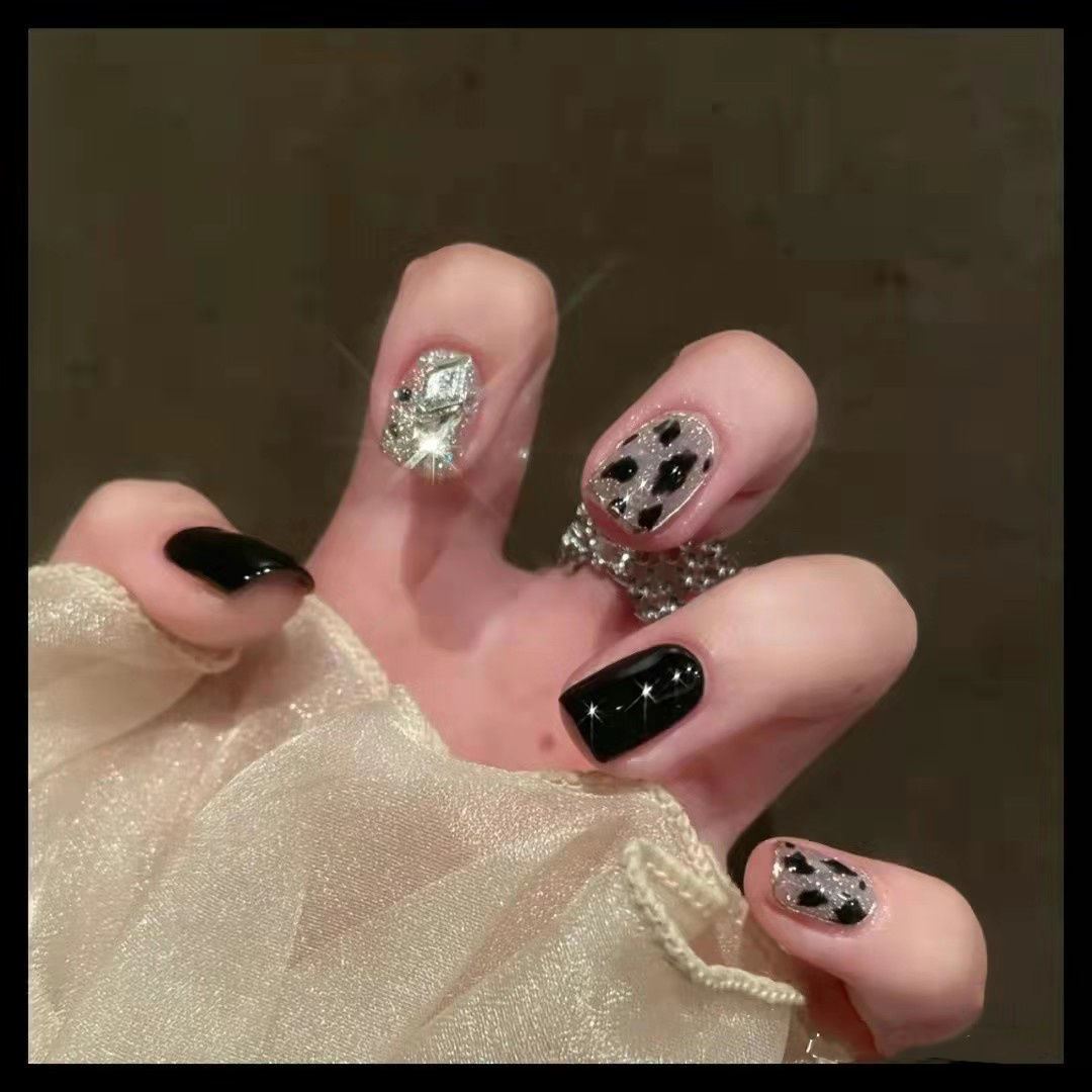 纯手工穿戴甲 美甲贴片假指甲贴片成品黑色闪闪豹纹美甲显白甲片