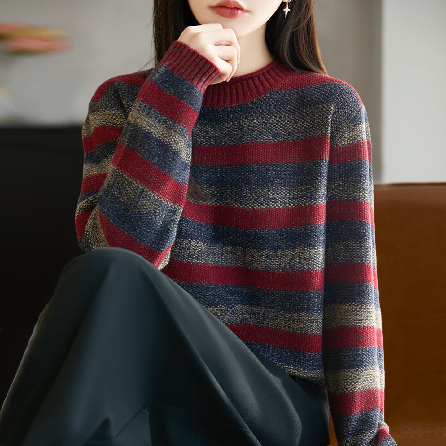 2026新款条纹拼色遮肚显瘦针织打底衫女春秋大码女装上衣秋冬毛衣
