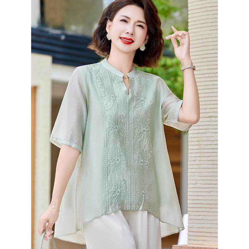 母亲节妈妈夏装真丝短袖T恤小衫中老年加大码女装桑蚕丝上衣套装