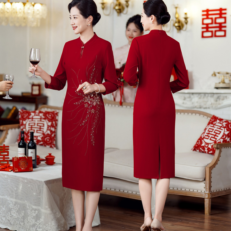 五一喜婆婆婚宴改良旗袍连衣裙中年妈妈结婚气质礼服平时可穿裙子