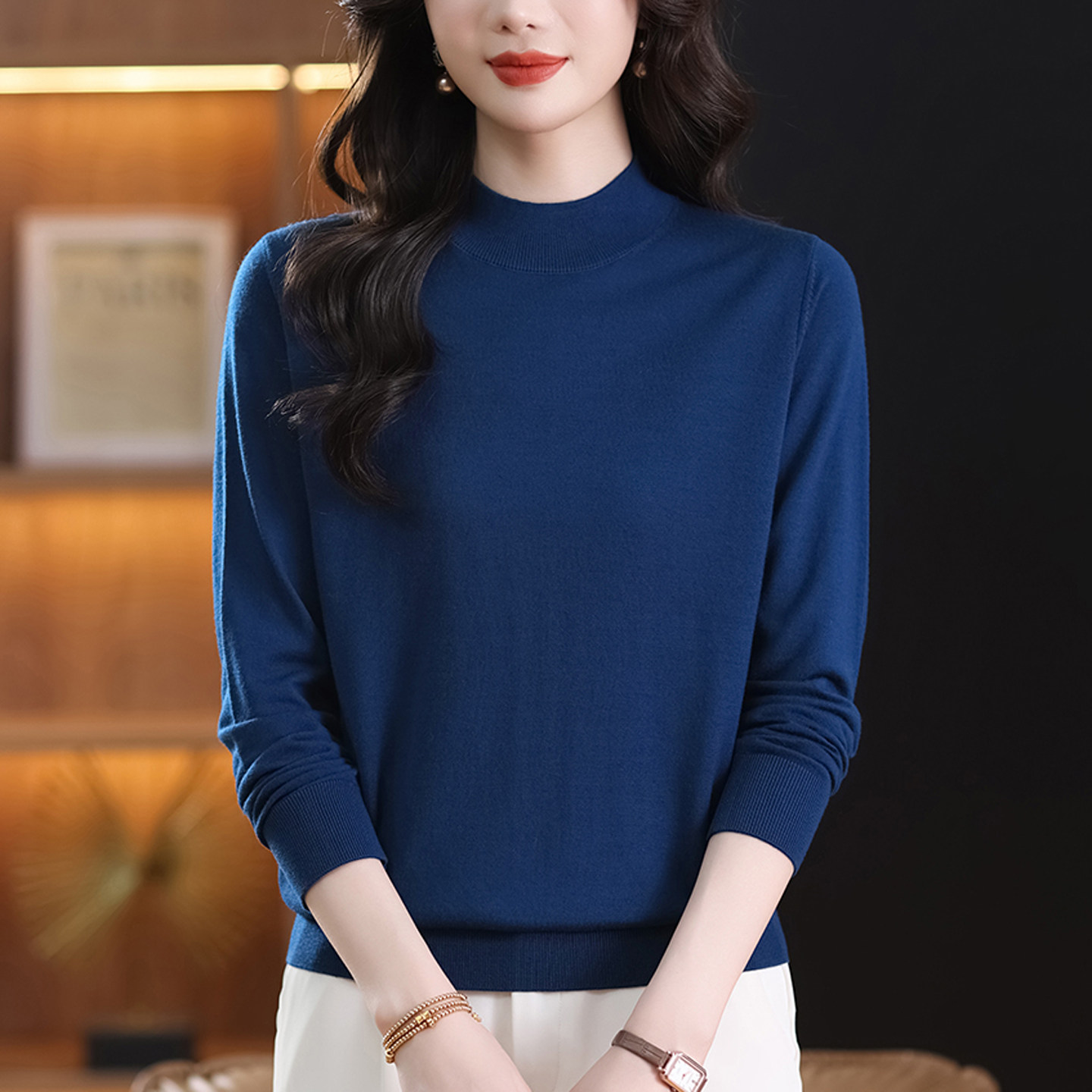 美丽诺精纺超细丝光羊毛衫女士职场春秋薄款半高领毛衣针织打底衫