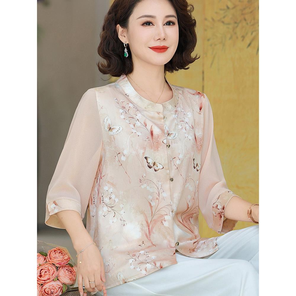 洋气妈妈春夏上衣宽松碎花雪纺衫2025新款中老年女夏季七分袖衬衫