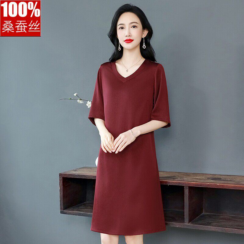大牌真丝连衣裙女宽松大码中老年妈妈夏装短袖气质显瘦桑蚕丝裙子