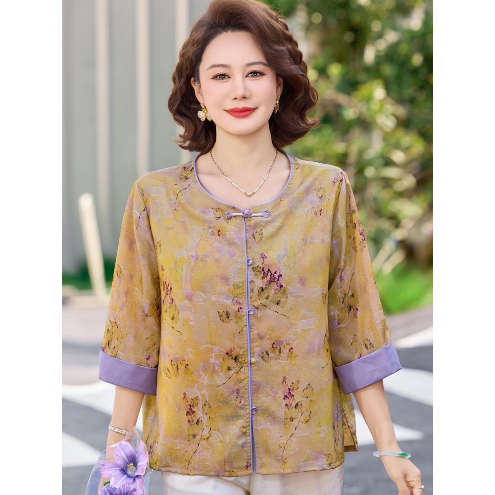 妈妈香云纱套装阔太太中袖真丝小衫中老年女装桑蚕丝气质上衣大码