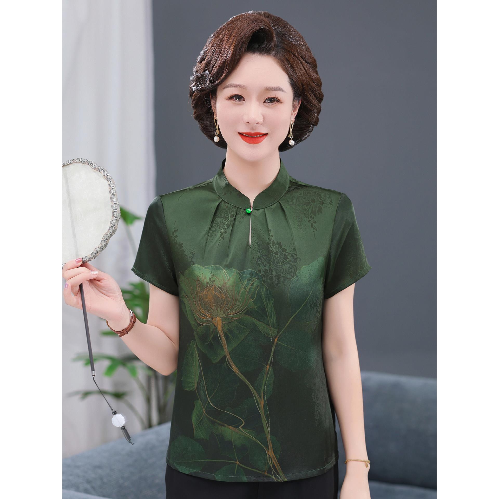 中老年女装夏装真丝上衣女妈妈装洋气小衫时尚新款奶奶桑蚕丝T恤