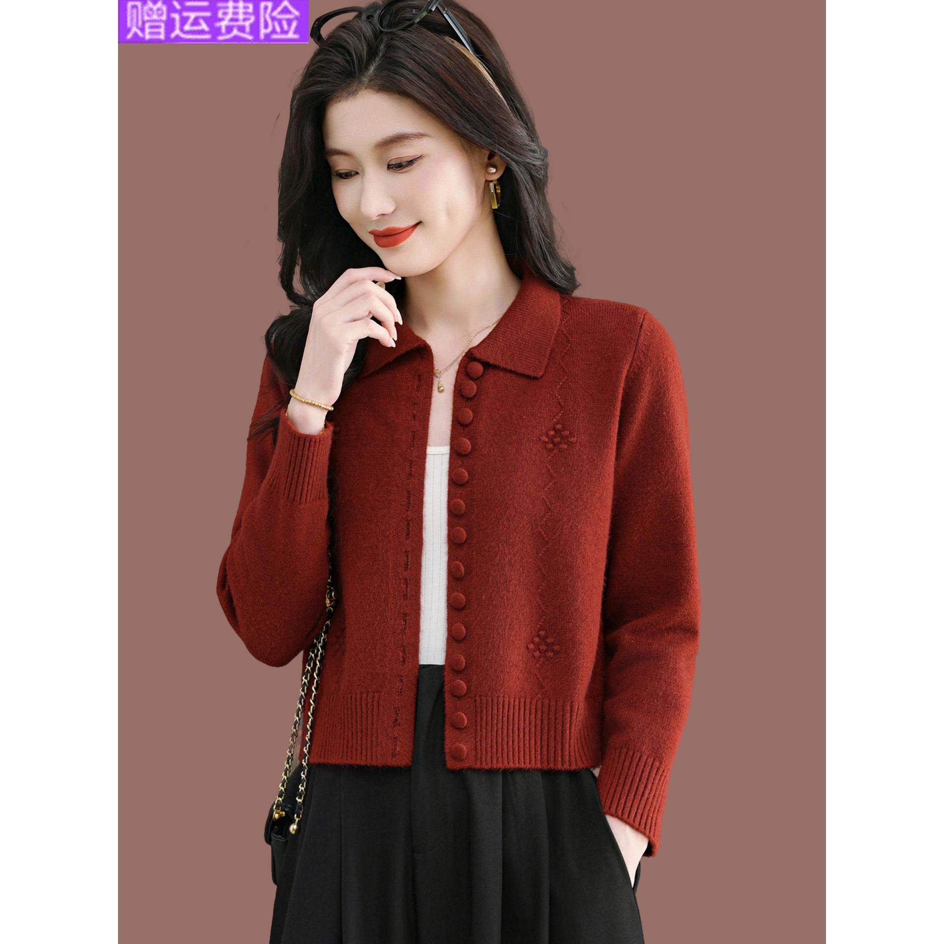 翻领开衫外套高腰女士毛衣新款小个子针织上衣外搭羊毛衫春秋短款