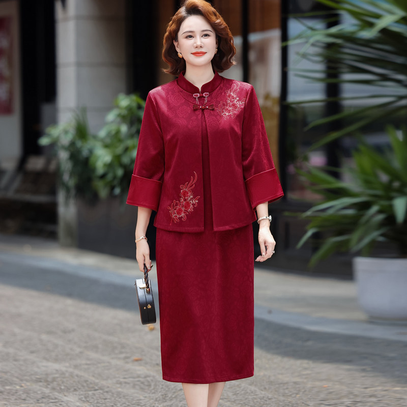 妈妈婚宴装高端喜婆婆参加婚礼连衣裙中老年新款两件套礼服裙子女