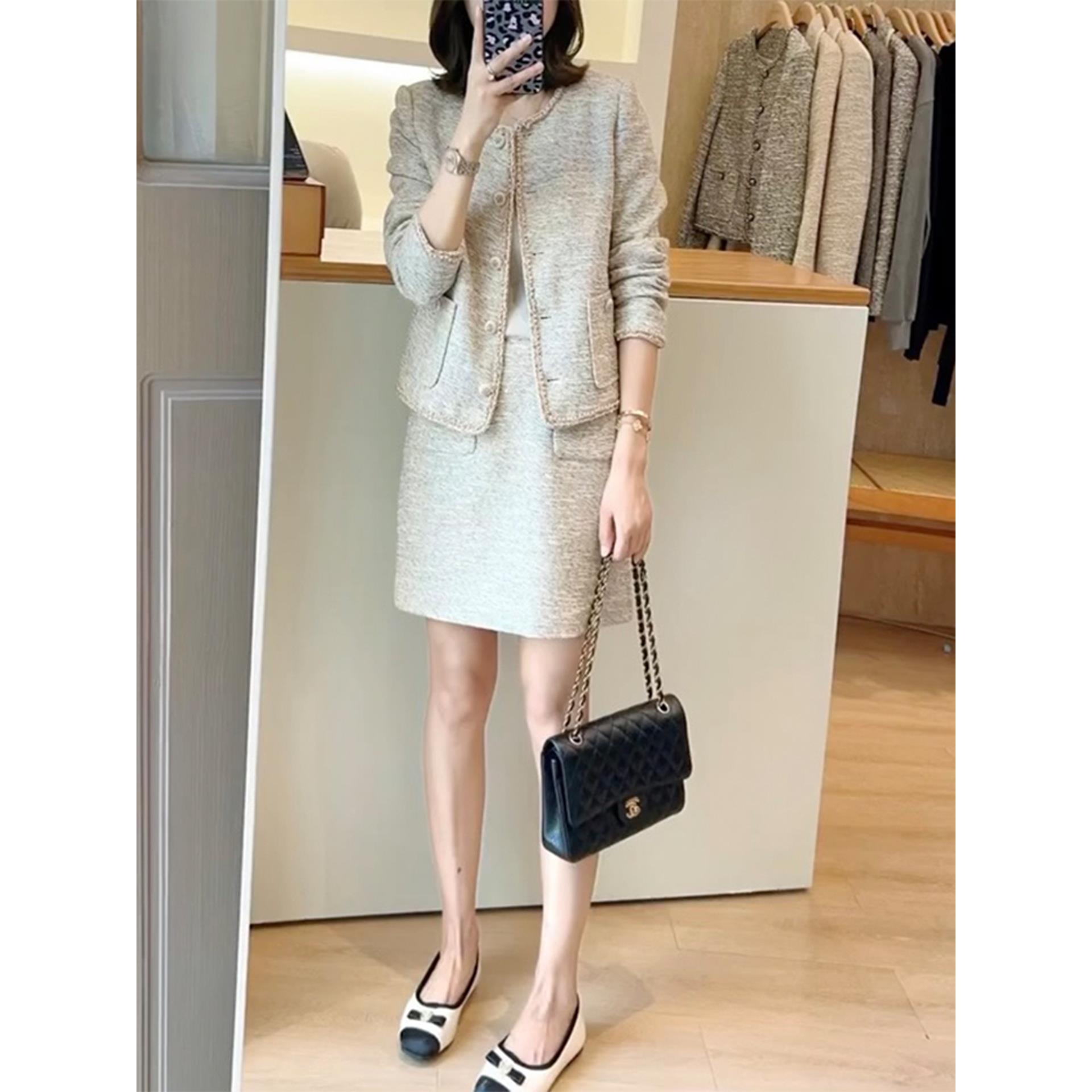 MONLOUVE高级感小香风穿搭套装女装秋装气质优雅杏色外套半身裙通