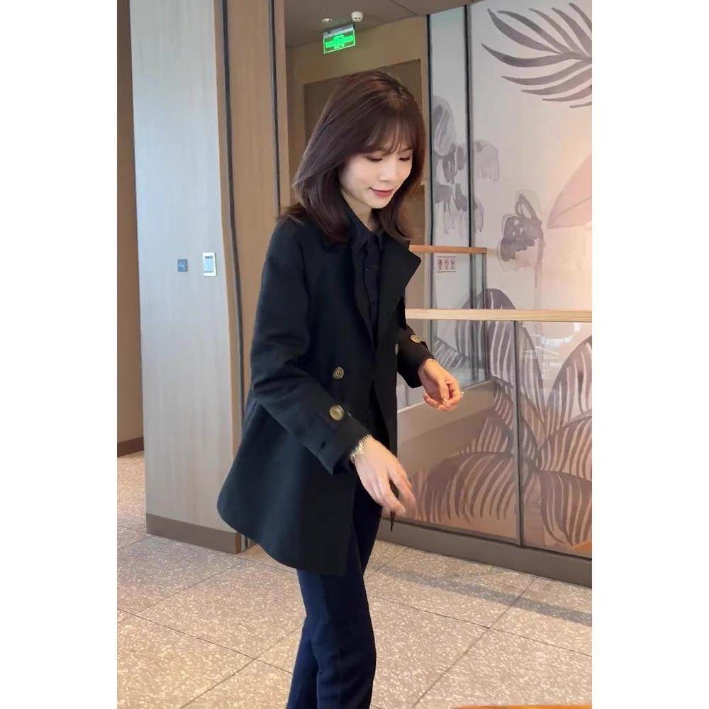 MONLOUVE2025秋冬季轻熟风黑色西装外套女短款双排扣气质高级感显