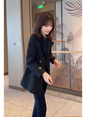 MONLOUVE2025秋冬季轻熟风黑色西装外套女短款双排扣气质高级感显