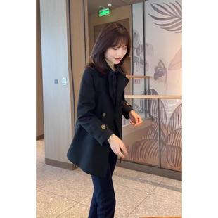 MONLOUVE2025秋冬季轻熟风黑色西装外套女短款双排扣气质高级感显
