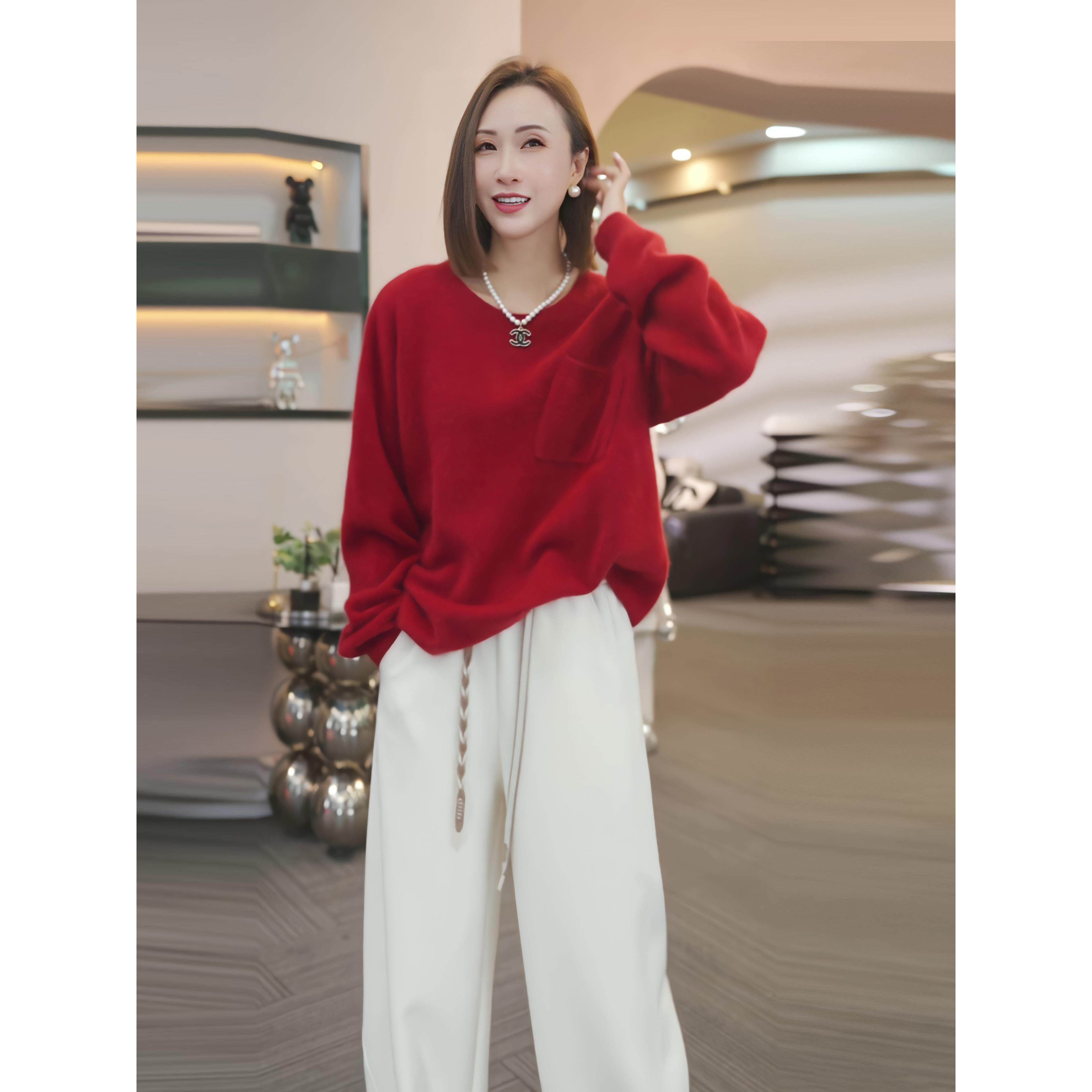 MONLOUVE小个子休闲慵懒风套装女装2025新款时尚洋气红色圆领阔腿