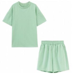 Solid loose sleeved color neck short round shirt suit
